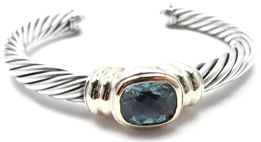 D.Yurman NOBLESSE 14k YG Sterling Silver Blue Topaz Bangle Bracelet - 6