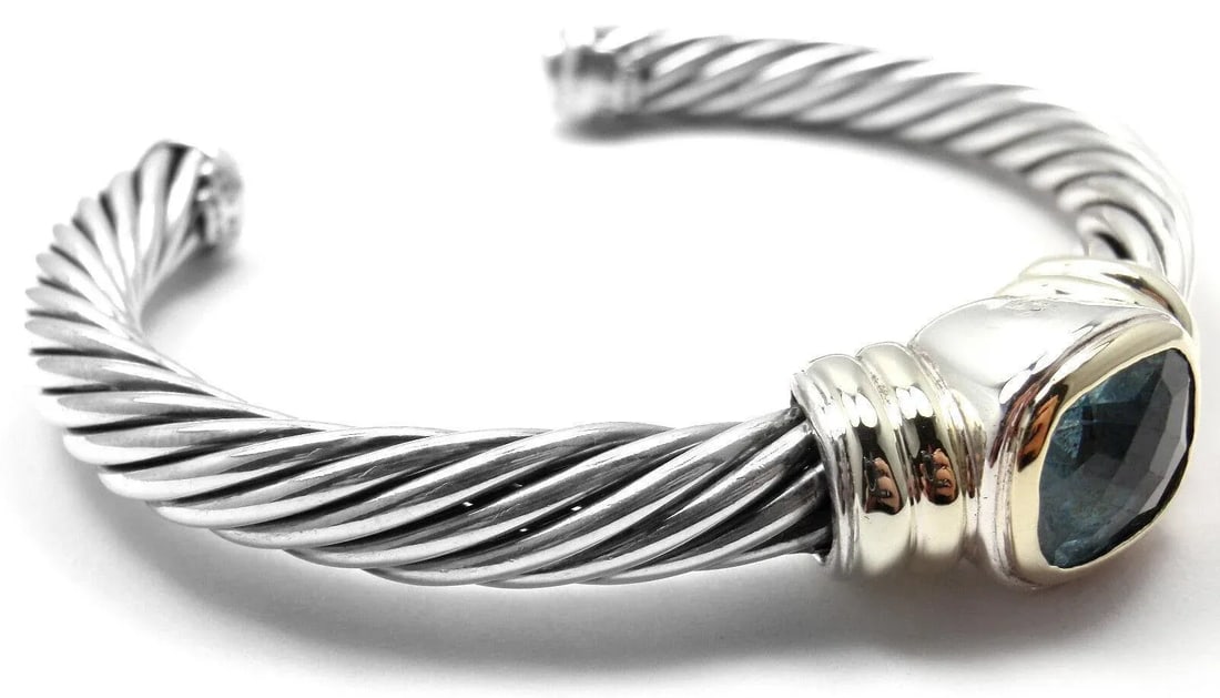 D.Yurman NOBLESSE 14k YG Sterling Silver Blue Topaz Bangle Bracelet - 8