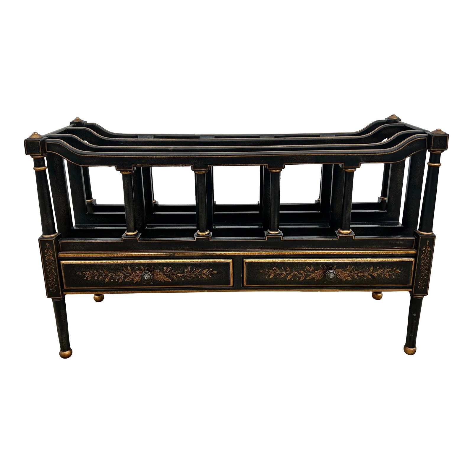 Vintage Maitland-Smith Style Ebony and Gilt Wood Canterbury: The Vintage Regency Ebonized Textured and Gilt Canterbury is a truly remarkable piece that exudes elegance and sophistication. In the style of Maitland-Smith, although the maker is unknown, its