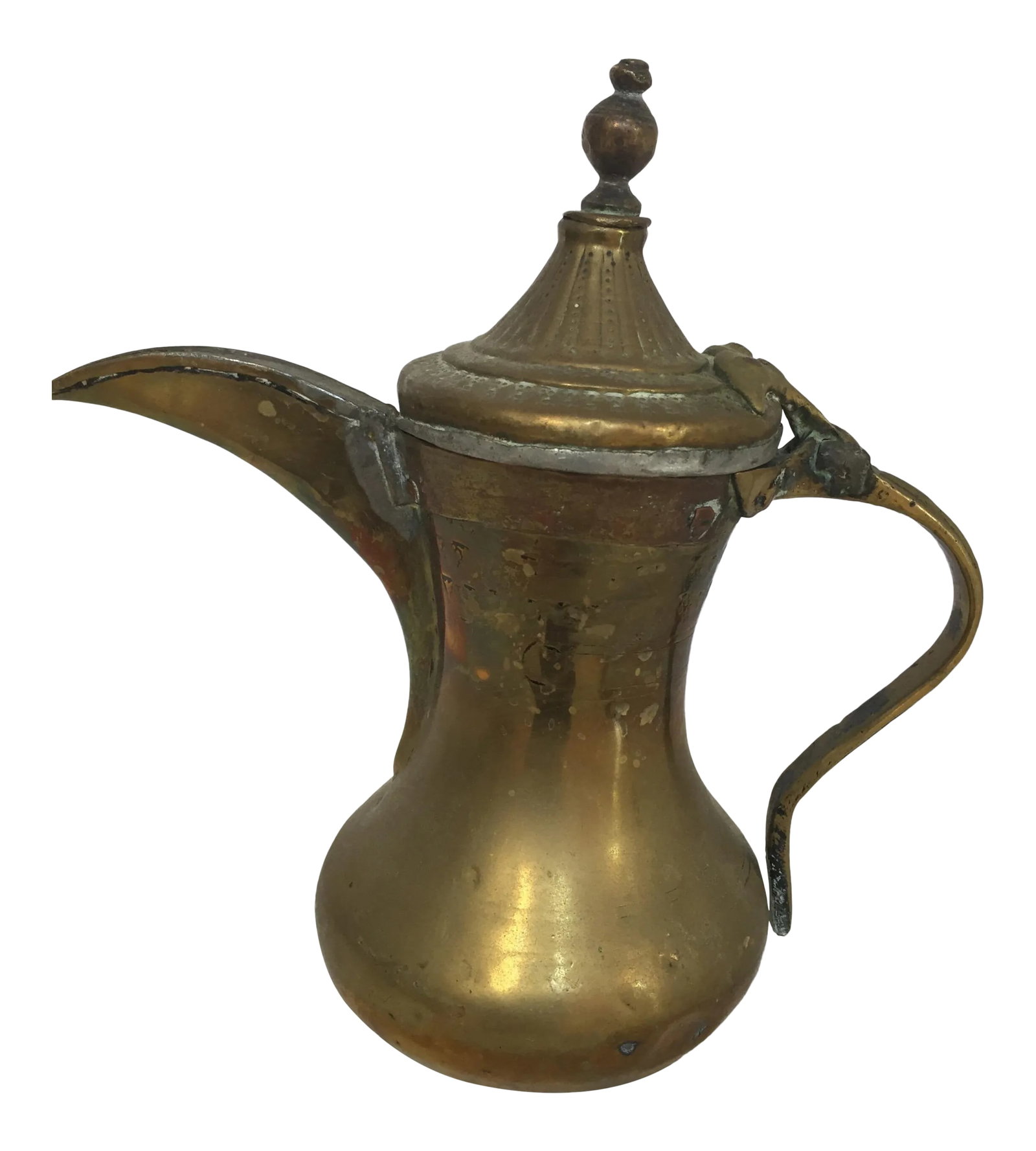 Middle Eastern Dallah Arabic Copper and Brass Coffee Pot: Middle Eastern traditional Arabian tinned copper and brass Dallah coffee pot. Coffee pot hand-hammered and chased copper with riveted brass finish and a very large spout. Size: 9" x 9" x 5" D. Great b