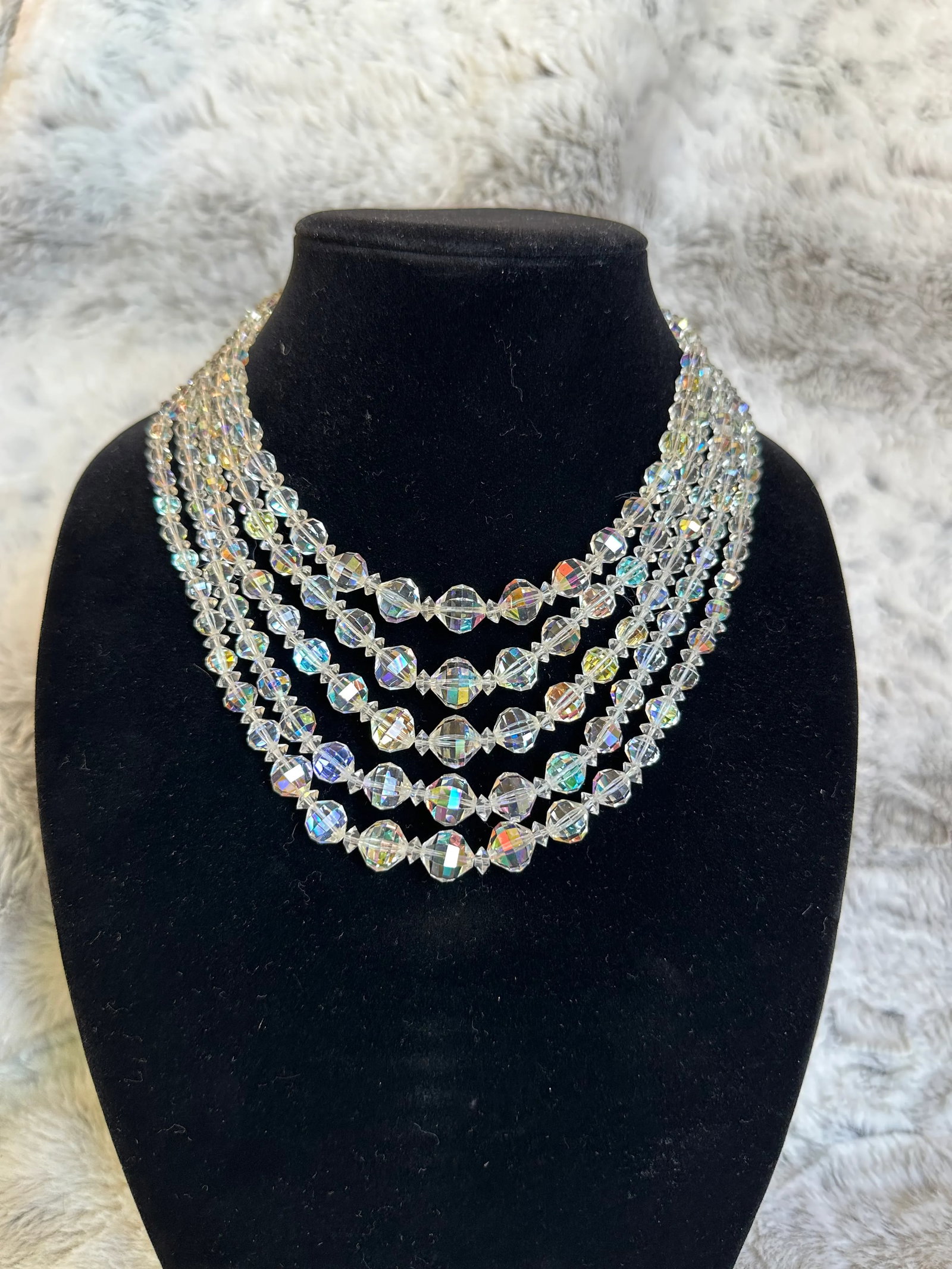 Vintage Signed Laguna Aurora Borealis Crystal Bib Necklace 5 Strand - 10