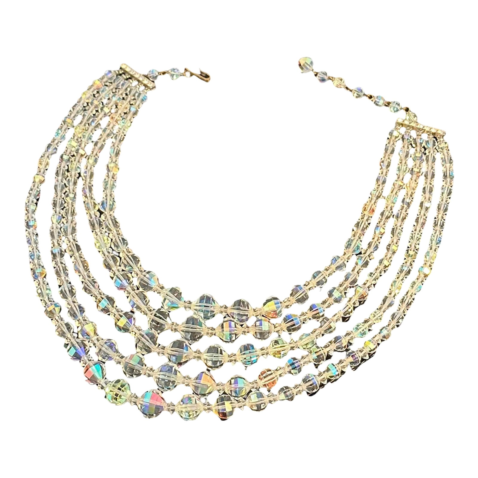 Vintage Signed Laguna Aurora Borealis Crystal Bib Necklace 5 Strand: By Laguna, stunning vintage statement piece-sparkling graduated faceted chessboard crystal beads with bicone crystal spacers. 5 strands join at silver toned bars inset with rhinestones. Laguna jewelry