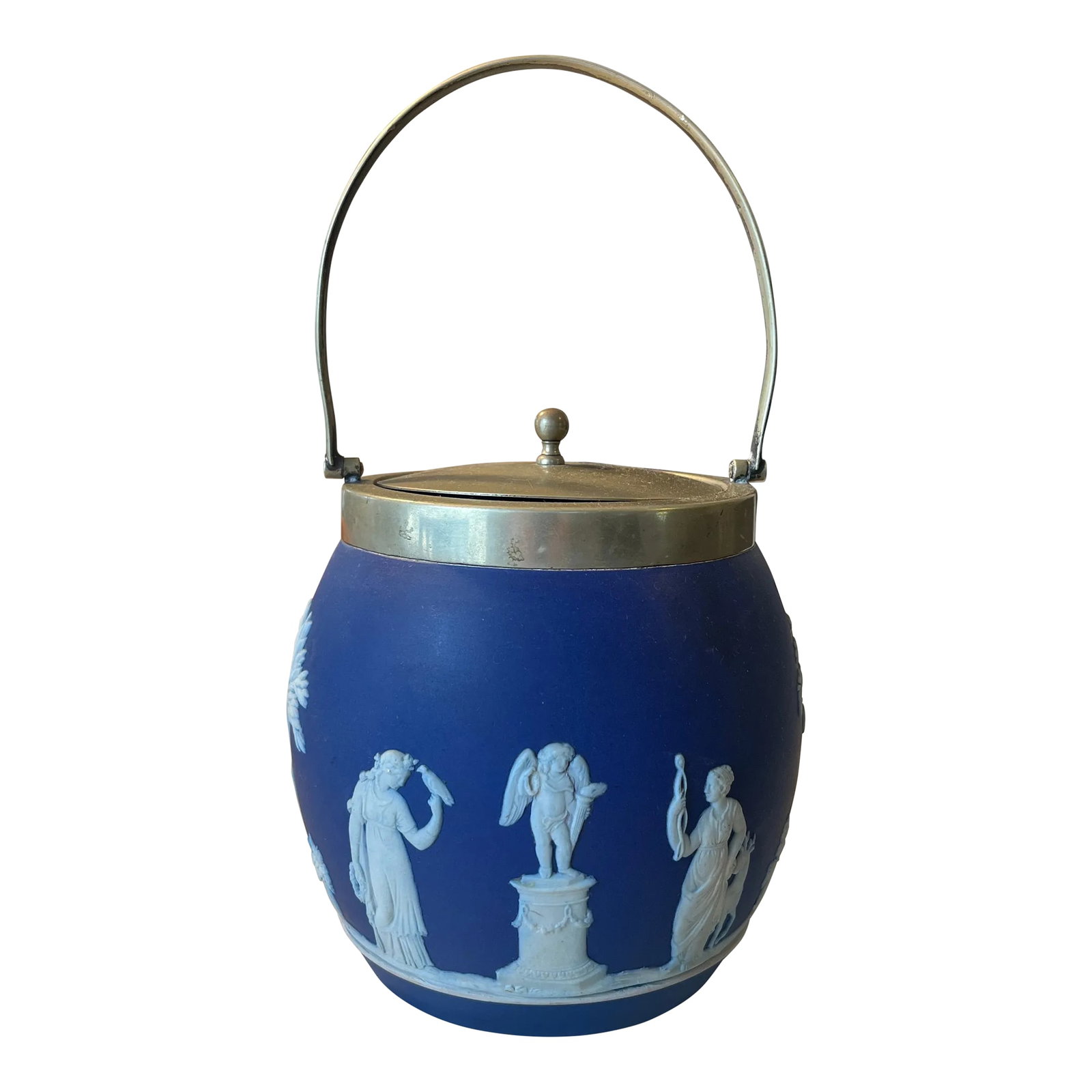 1940s Wedgwood Dark Blue Jasperware Biscuit Barrel: Neoclassical motif set in white against a dark blue backdrop. Includes silver plated lid and handle. Stamped Wedgwood on underside. Condition: Alterations: Original Condition Unaltered Imperfections: