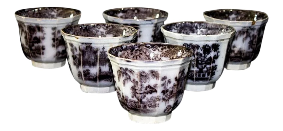 Podmore Walker Mulberry Tea Cups - Handleless = Set of 6: Rare set of 6 stoneware tea cups (no handles) from Podmore Walker & Co. The pattern is Corean Pearl, flow black/mulberry, Circa 1850s. Condition: Alterations: Original Condition Unaltered