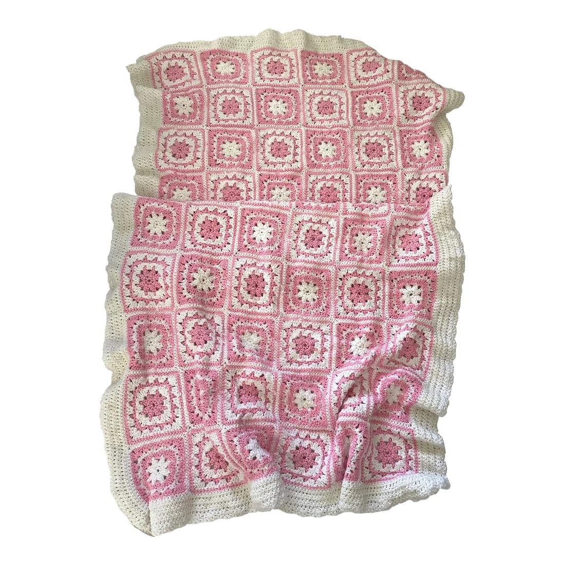Vintage Pink & White Granny Square Crochet Throw: Vintage Pink and White Box Square Crochet Throw Blanket. So cute and perfect for a girls room. Boarder has a slight ruffle. 2 different white colors are used hard to tell but its a off white and