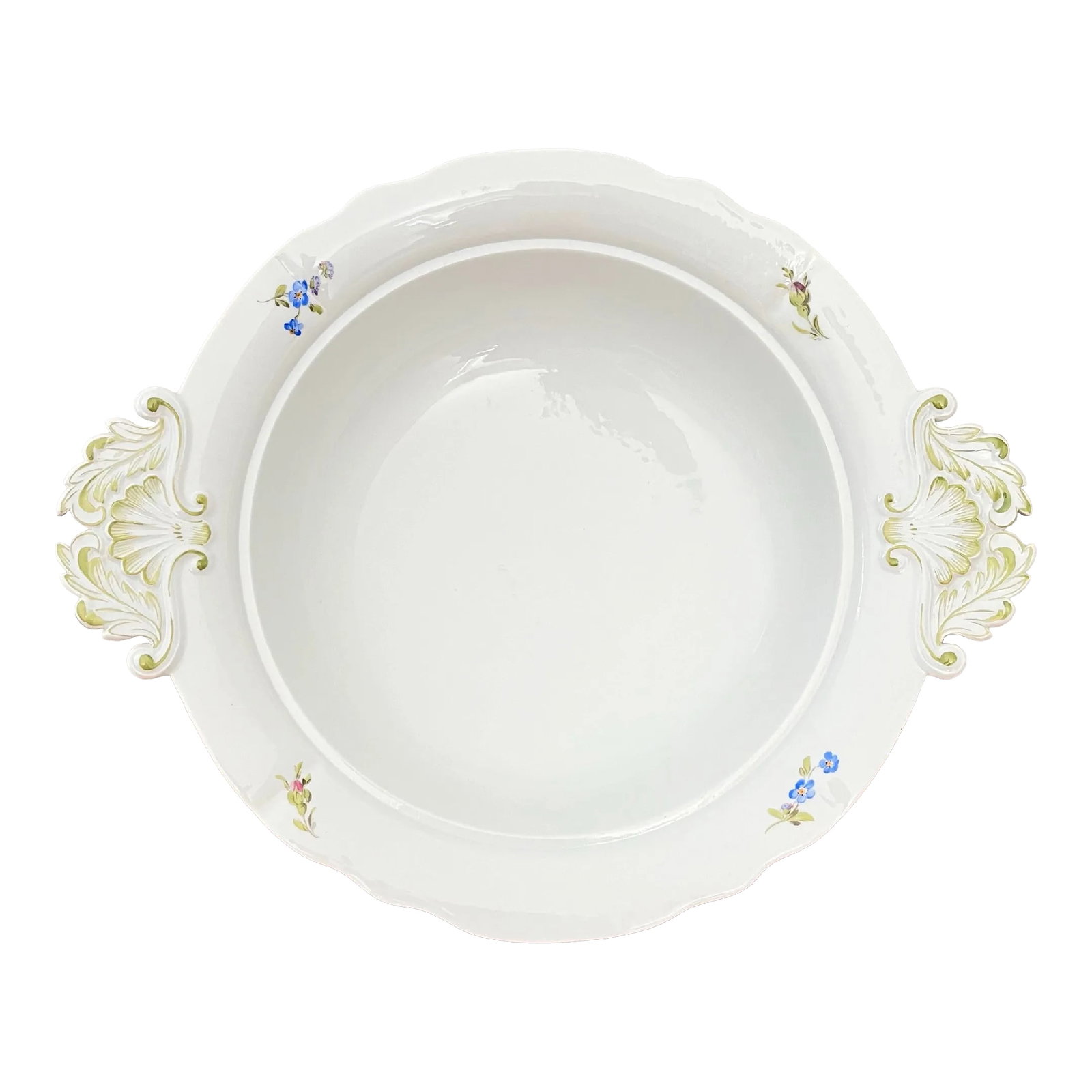 Antique Meissen Tureen, Germany (No Lid): Meissen Porcelain includes subtle floral decoration and beautiful scrolled handles highlighted in green. Makes for a wonderful serving piece. Condition: Alterations: Original Condition Unaltered