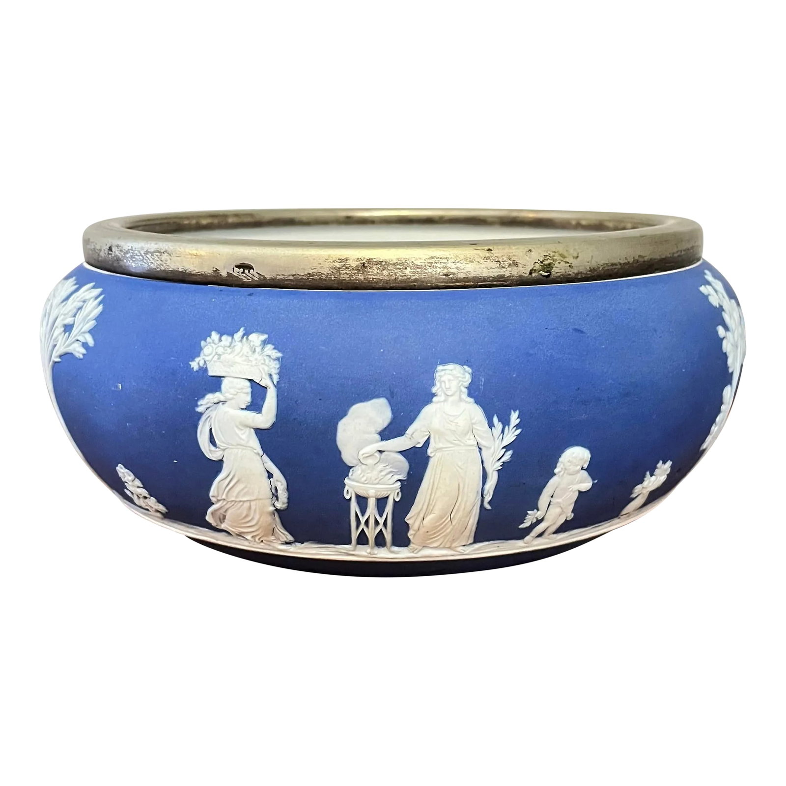 Late 19th Century Cream Color on Royal Blue Jasperware Serving Bowl by Wedgwood: Nice piece of antique Wedgwood. Cream color is vibrant off the rich royal blue. Silver rim adds an extra elegance and refinement. Condition: Alterations: Original Condition Unaltered Imperfections: