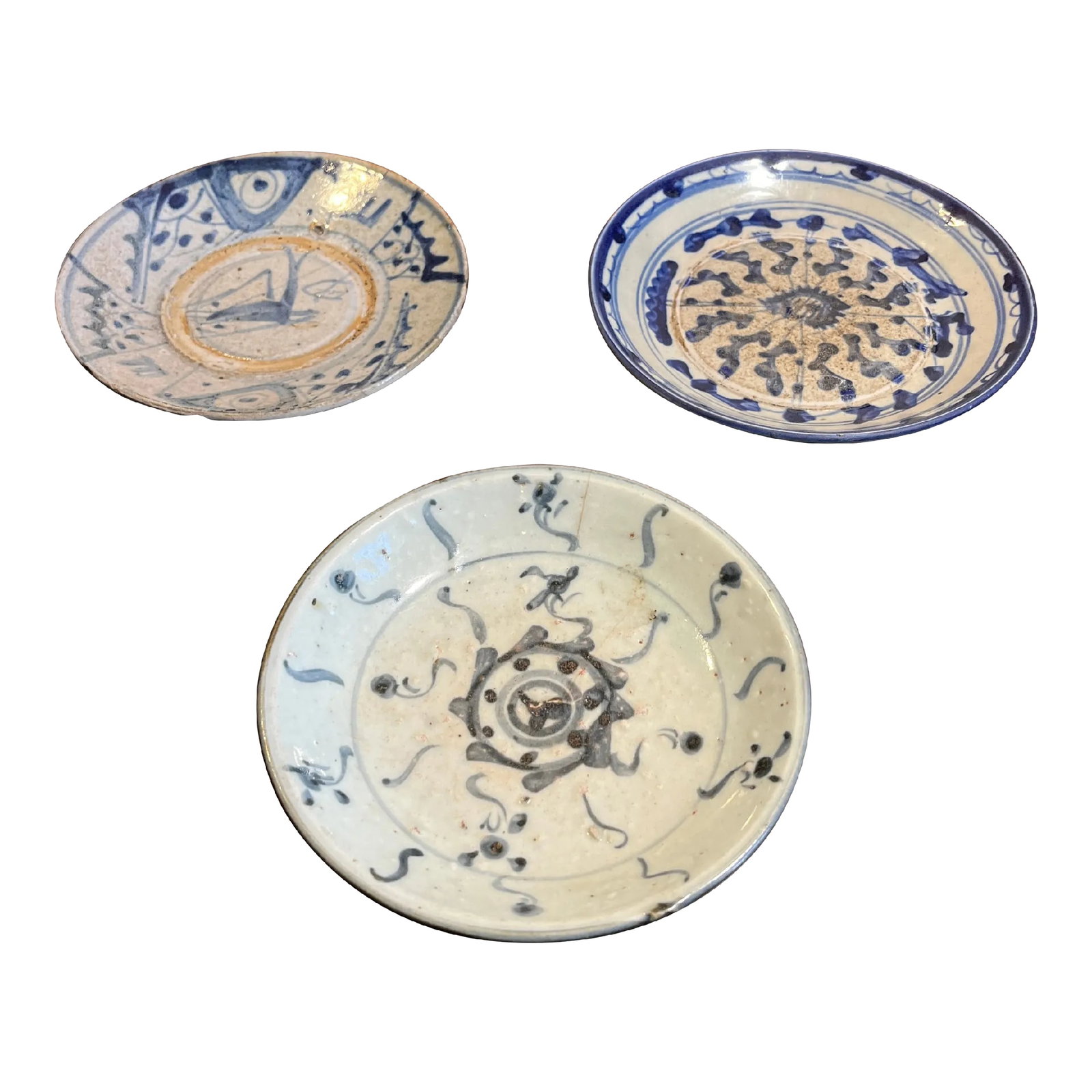 Antique 19th Century Chinese Export Porcelain Plates- Set of 3: Hand-painted in underglaze blue. Two of the plates are more of a shallow bowl which would be great trinkets or car keys etc. Measurements are: (2) 5.5" x 5.5" (1) 5.75" x 5.75" Condition: