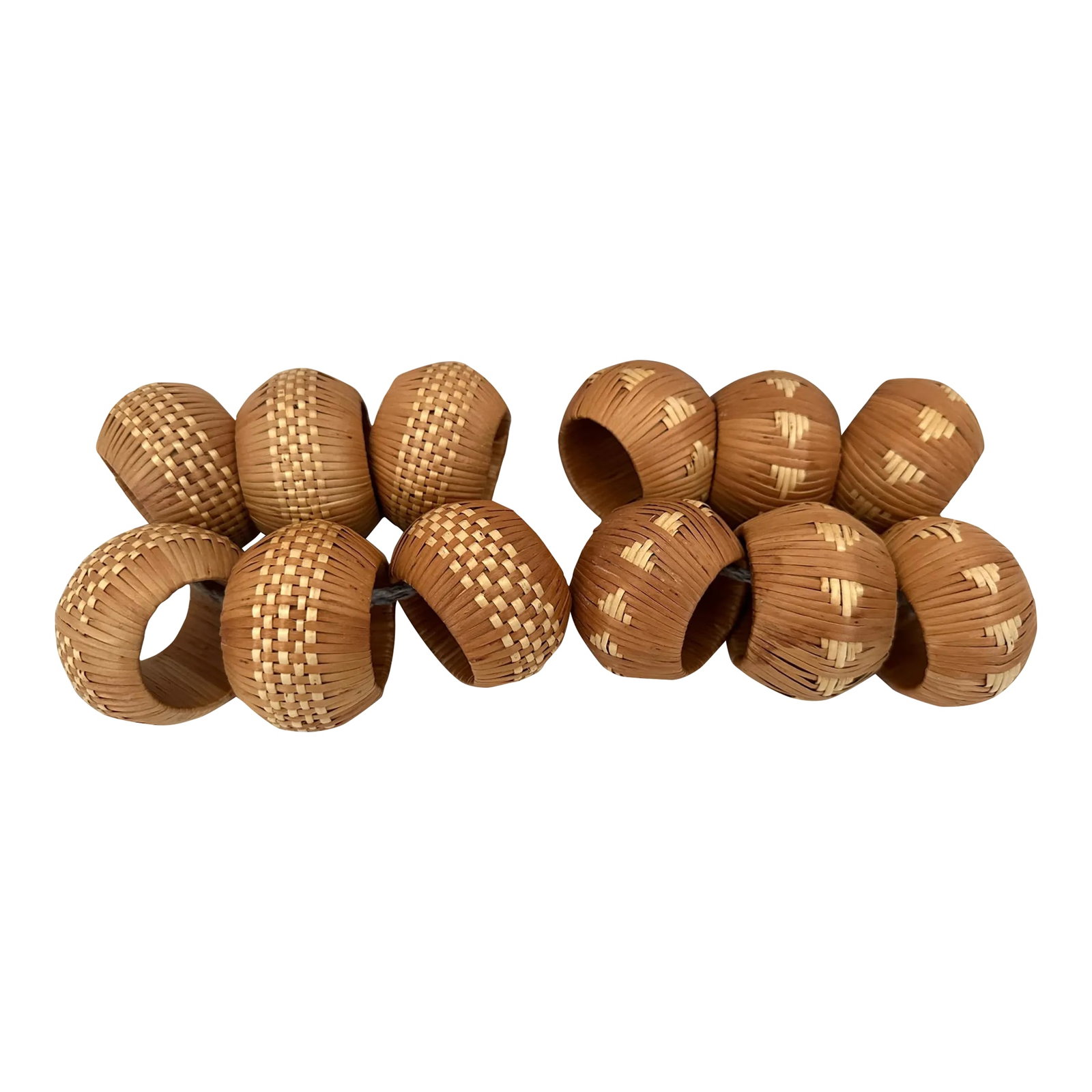 Set of 12 Vintage Woven Rattan Boho Napkin Rings: Summer is coming so get started on getting the table ready with these vintage woven rattan napkin rings, set of 12. Ea set is different but go great together. 1.25in d x 2.5in h and other set is