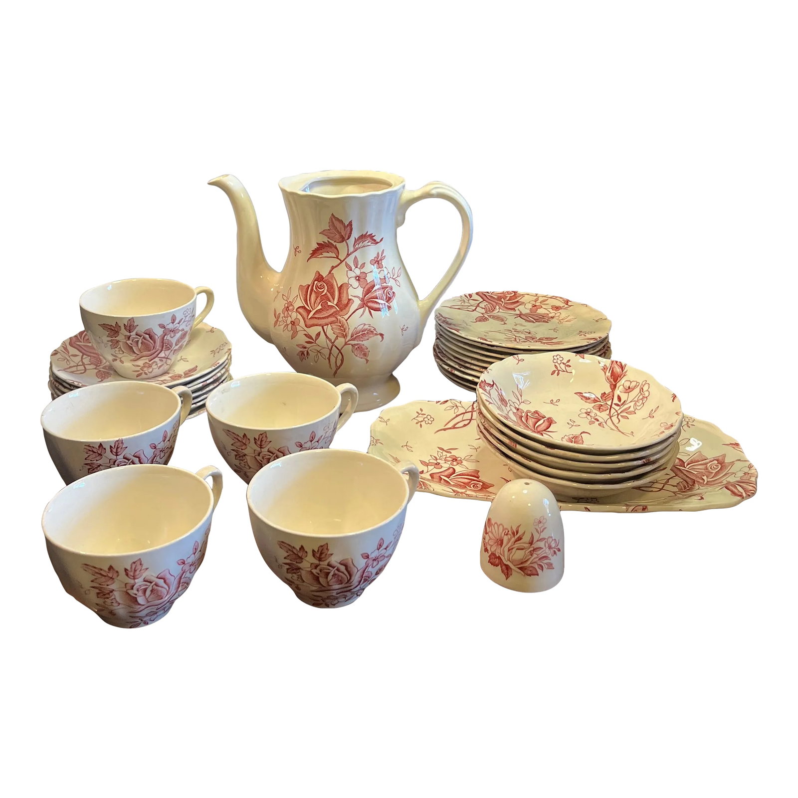 30 Piece Grouping of English Staffordshire Tudor Roses by J&g Meakin, Early 20th Century: Vibrant pink floral design on a cream background makes the color really pop. Consisting of: (5) Fruit/Dessert (Sauce) Bowls- 5 3/8" x 5 3/8" (10) Bread and Butter Plates- 6" x 6" (1) Coffee Pot No