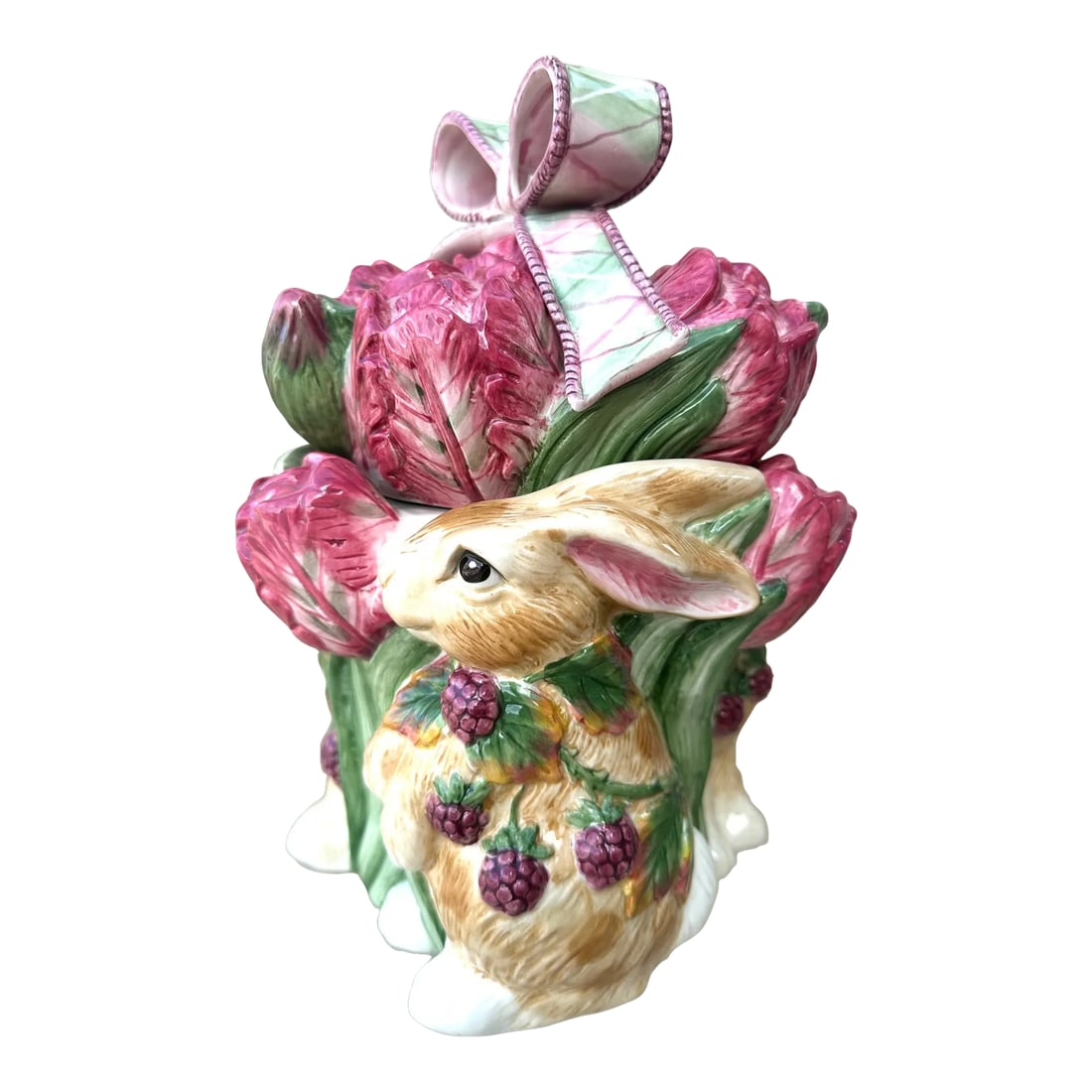 Fitz & Floyd Blackberry Rabbit Cookie Jar: Vintage Fitz & Floyd Blackberry Rabbit Cookie Jar perfect for Easter and spring garden parties. 11in h x 8 x8 I have more to list so make sure to follow me, I have flash sales for my followers only.