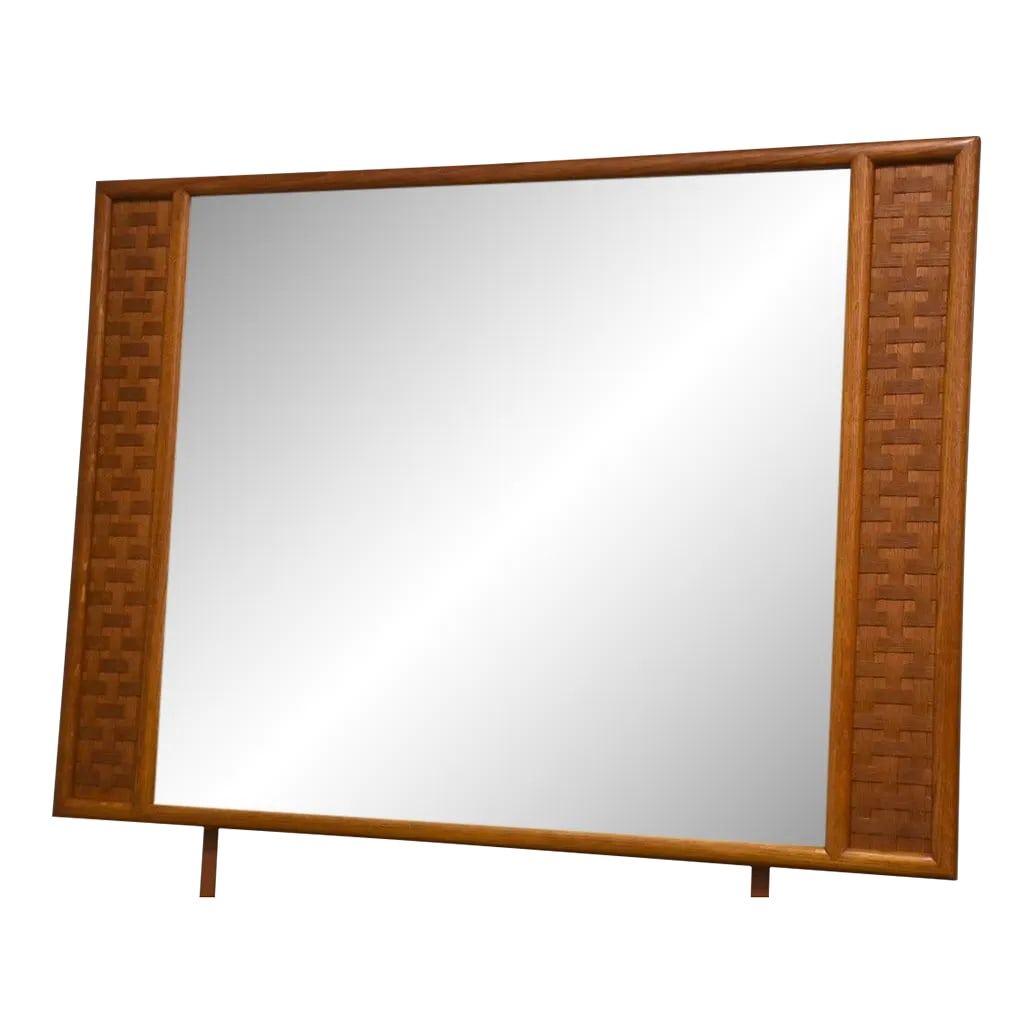 Lane Perception Oak Mirror: A mid century modern oak basket weave mirror made by Lane Furniture for the Perception line. Teak color finish. Metal bars can be removed or left to attach to a dresser. Condition: Alterations:
