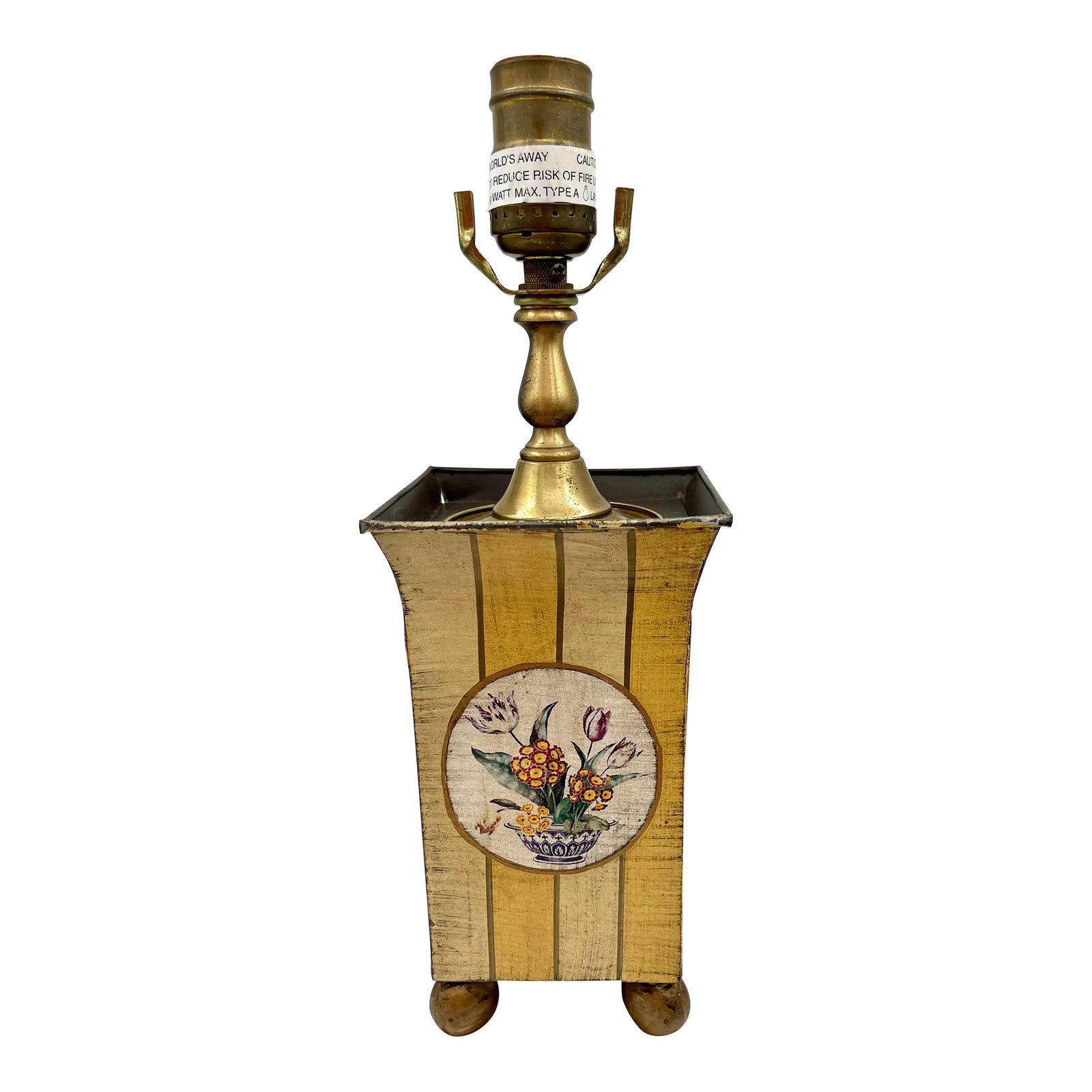 1990s Worlds Away Hand Painted Tole Metal Table Lamp: This is a vintage Worlds Away tole metal table lamp from the 1990s. The lamp has four painted gold ball feet on a platform and a hand-painted striped background. It also features a pretty central meda