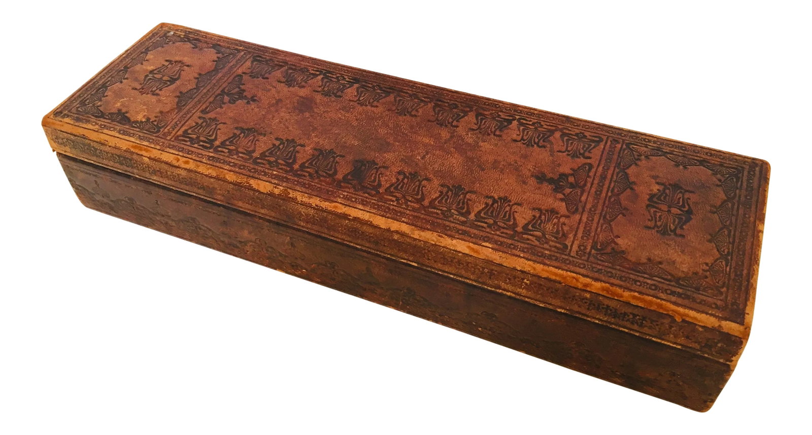 Antique French "A La Marquise De Sevigne Paris" Glove Box: Antique French glove box covered hand stamped leather with floral and geometrical designs with a silk pink striped interior fabric the top and bottom. Made in France by "A La Marquise De Sevigne