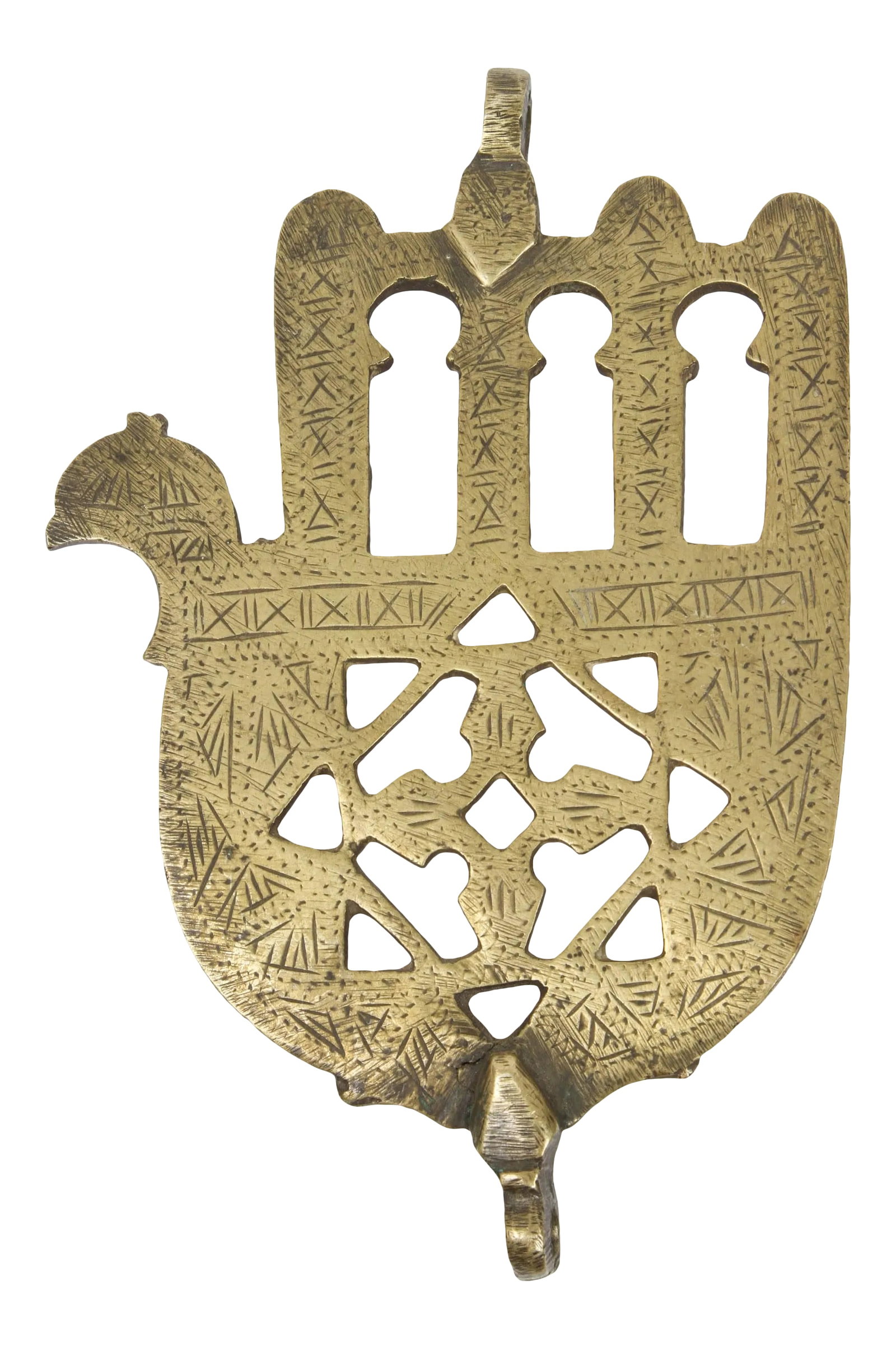 Moroccan Jewish Judaica Khamsa: Moroccan Jewish Judaica brass khamsa. (Hand of Fatima) This beautiful piece of folk brass art originates from Morocco, North Africa. The Judaica khamsa is a rare version - with only one finger spread