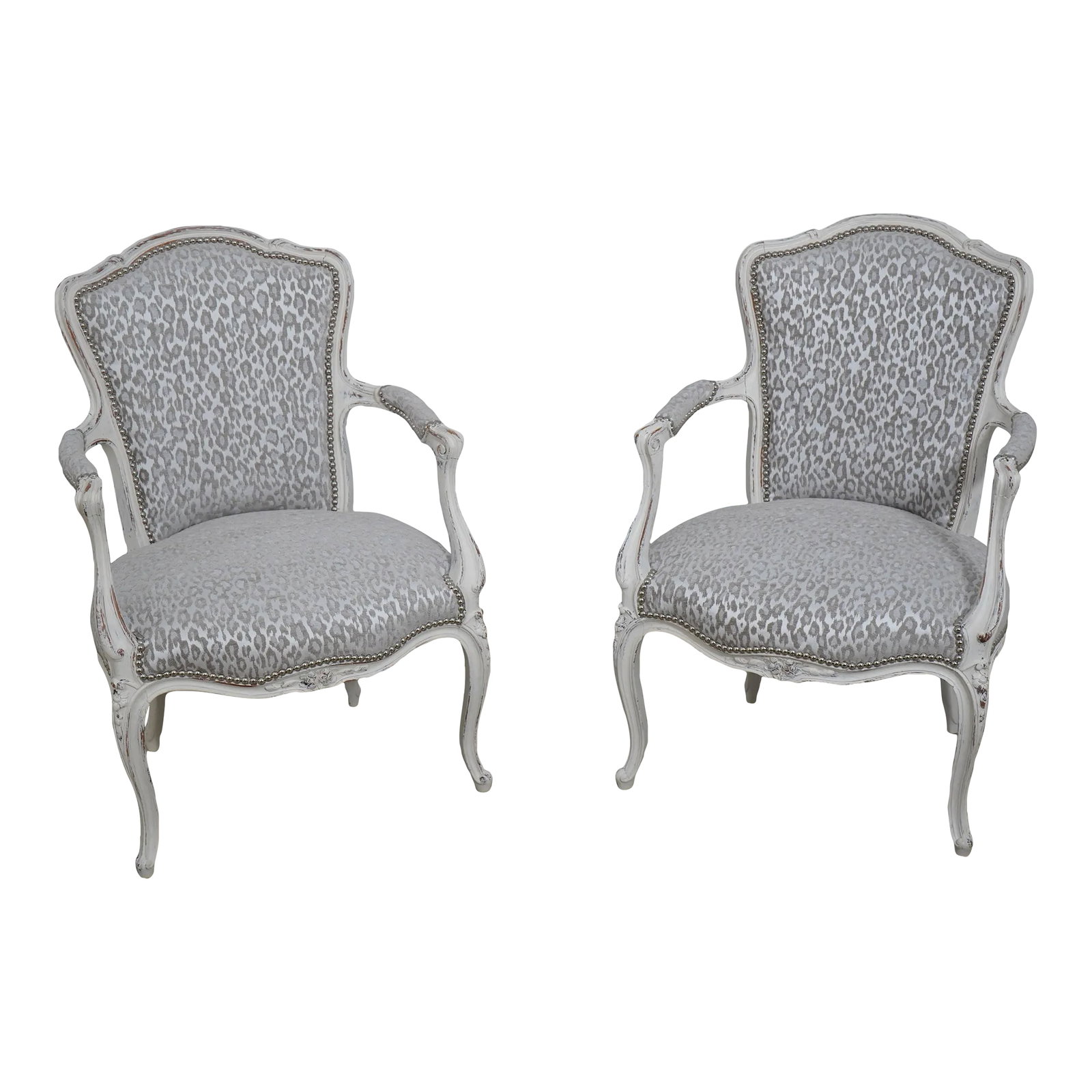 Pair French Louis XV Custom Upholstered Open Armchairs: Age: Approx: 10 Years Old Details: Intentional Distressed Professionally Reupholstered Fine Carved Details High Quality Construction French Style Steel Tack Head Trim Nice Brand New Modern Print