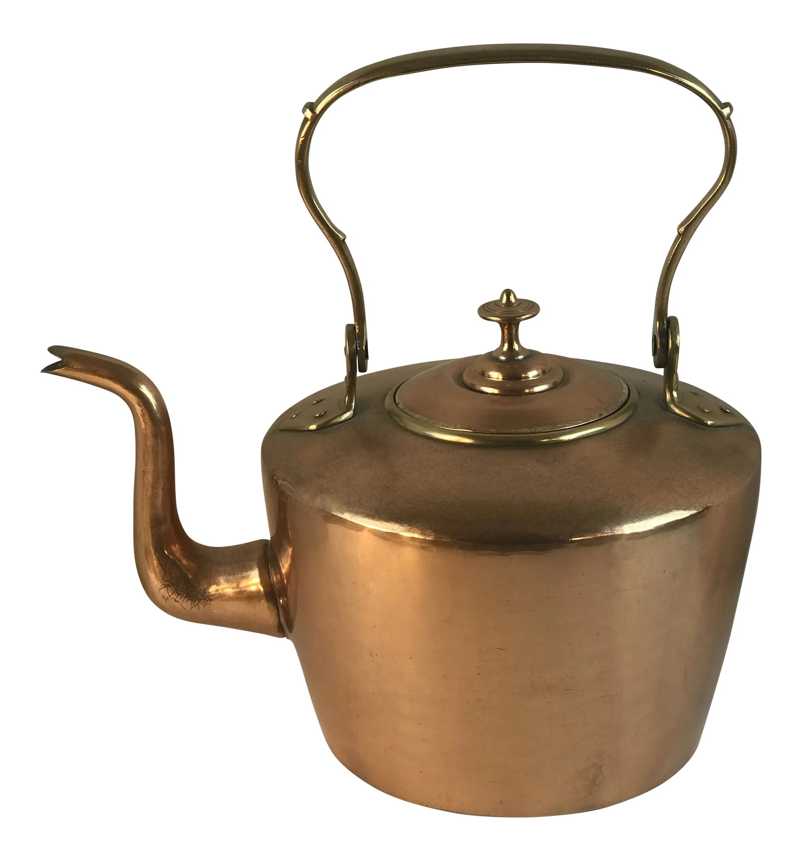 Late 19th Century Vintage Copper Water Tea Kettle: Huge copper and brass water kettle. Dovetailed and beautifully appointed with original brass knob on lid. Interior is discolored but clean. Condition: Alterations: Original Condition Unaltered Imperfe