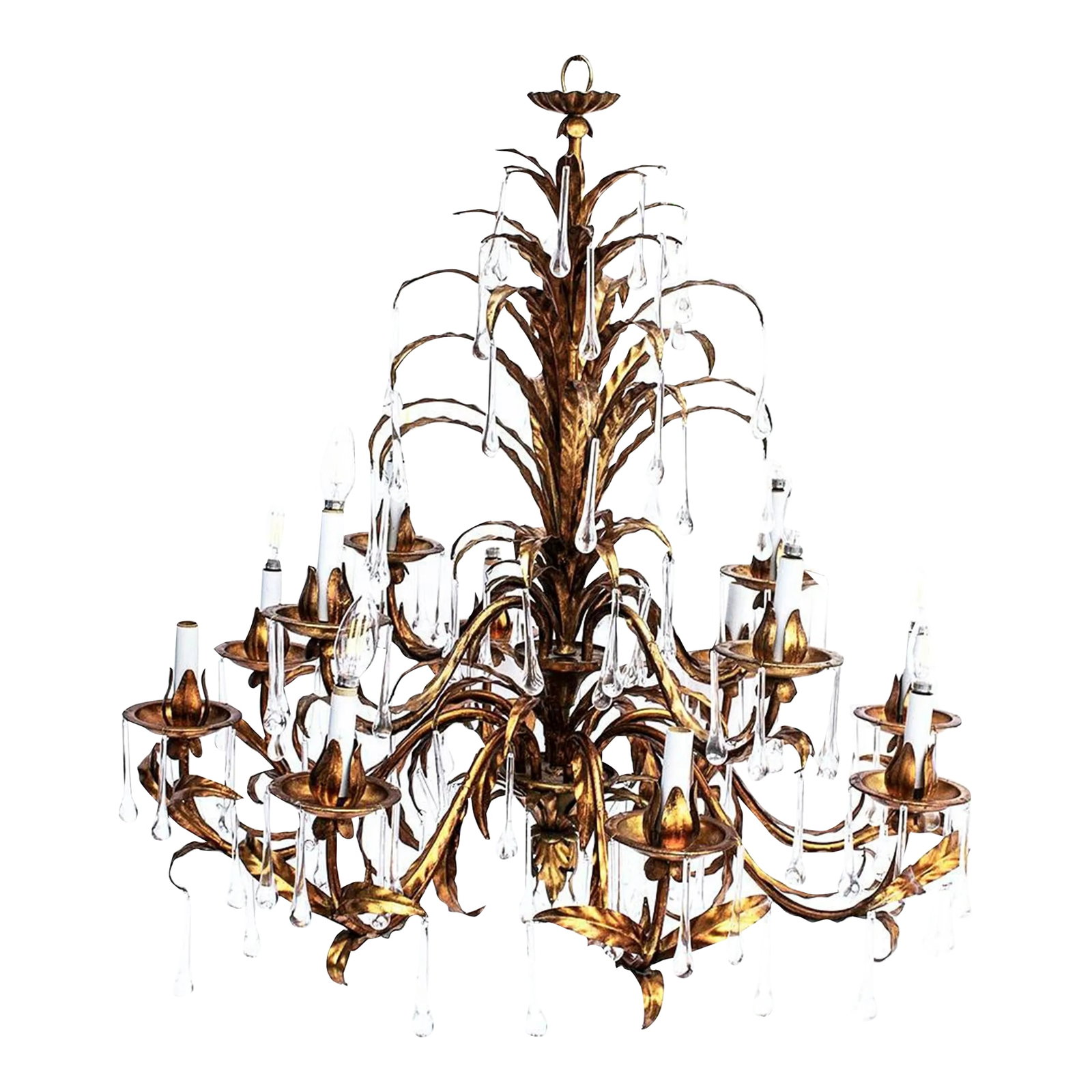 Huge & Spectacular Italian Gold Gilt Chandelier - Tear Drop Crystals: It is huge and it is spectacular! Italian gold gilt tole chandelier has 12 arms laden with elegant tear drop crystal prisms. Beautiful patina and possibly one of a kind available anywhere. I