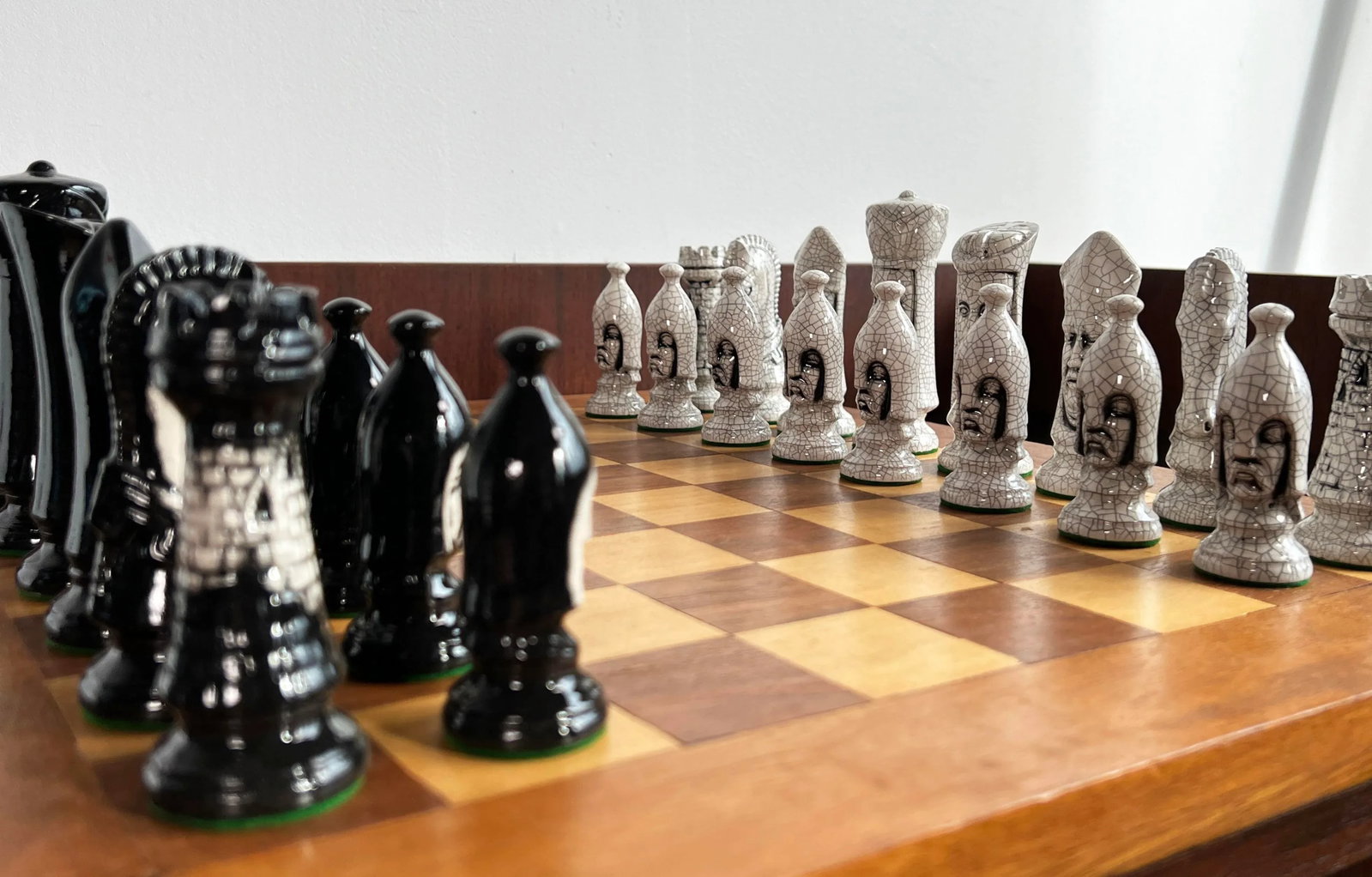 Vintage 1950's Ceramic Chess Set W/ Hand Made Wood Board - 9