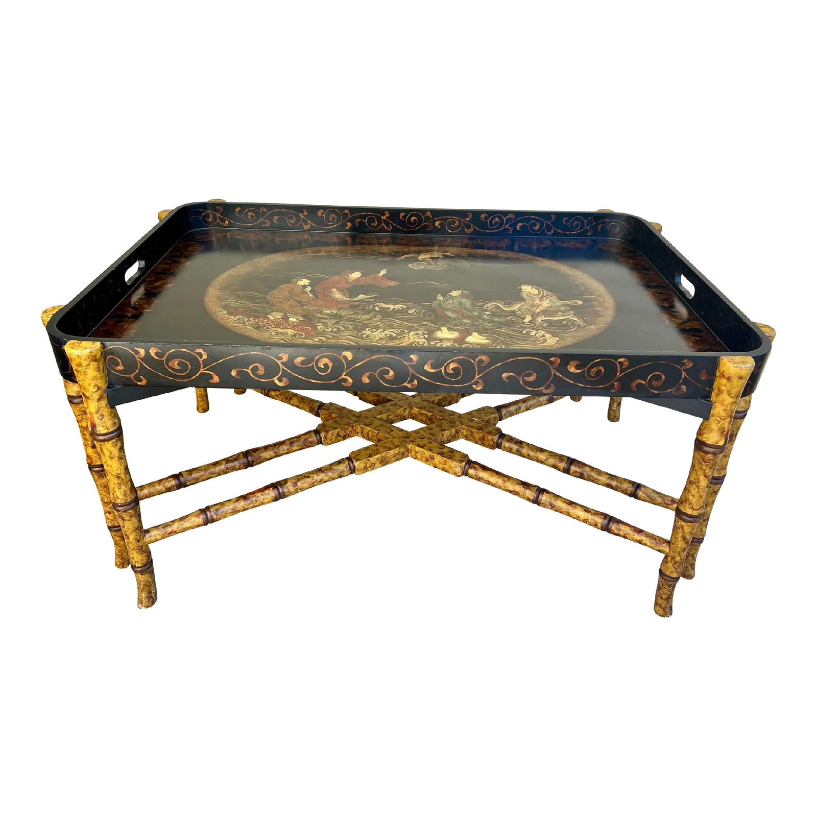 Vintage Chinoiserie Faux Bamboo Butler Style Coffee Table - Maitland-Smith Attributed: Introducing the Vintage Monumental Maitland-Smith Attributed Chinouserie Faux Bamboo Butler Style Coffee Table! This extraordinary piece is a true testament to exquisite craftsmanship and attention to