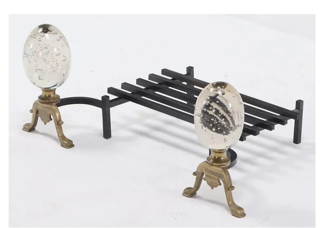 Modernist Art Glass and Brass Andirons With Log Holder Circa 1970 - 2
