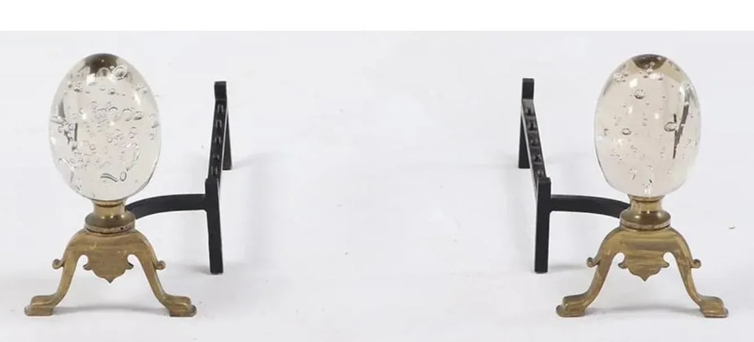 Modernist Art Glass and Brass Andirons With Log Holder Circa 1970 - 3