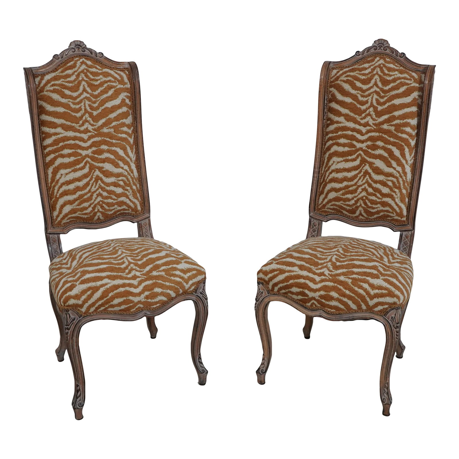 Pair French Louis XV Carved Frame Upholstered Side Chairs: Age: Approx: 20 Years Old Details: Factory Distressed Nice Designer Chairs High Quality Construction Can Be Used As Host & Hostess Chairs Professionally Reupholstered In Brand New Fabric Condition: Ex