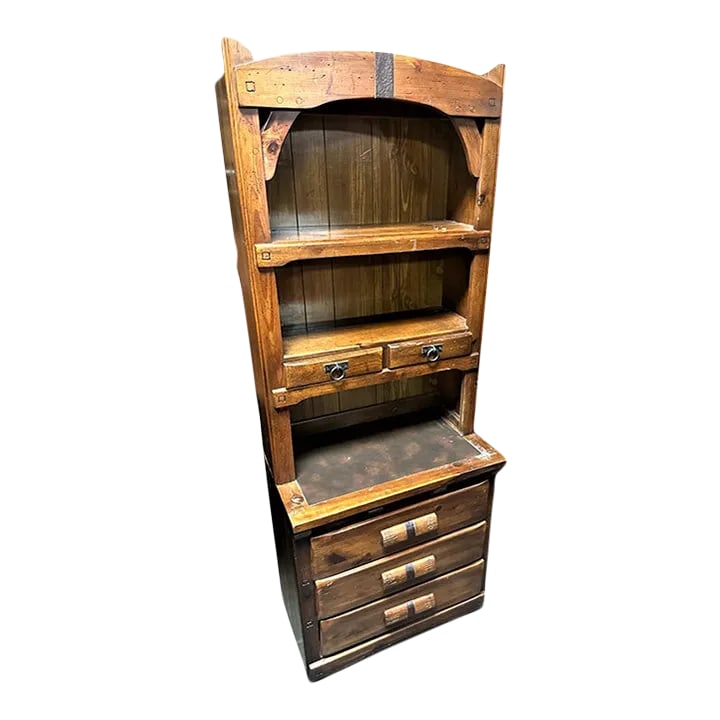 Henry Link Vintage Link Taylor 'Rawhide' Series Chest and Hutch - Made in North Carolina in 1976: The Southwest and Ranch look. Beautifully crafted from burnished pine with leather accents in 1976 by Henry Link's classic North Carolina fine furniture company, Link Taylor. The versatile piece could