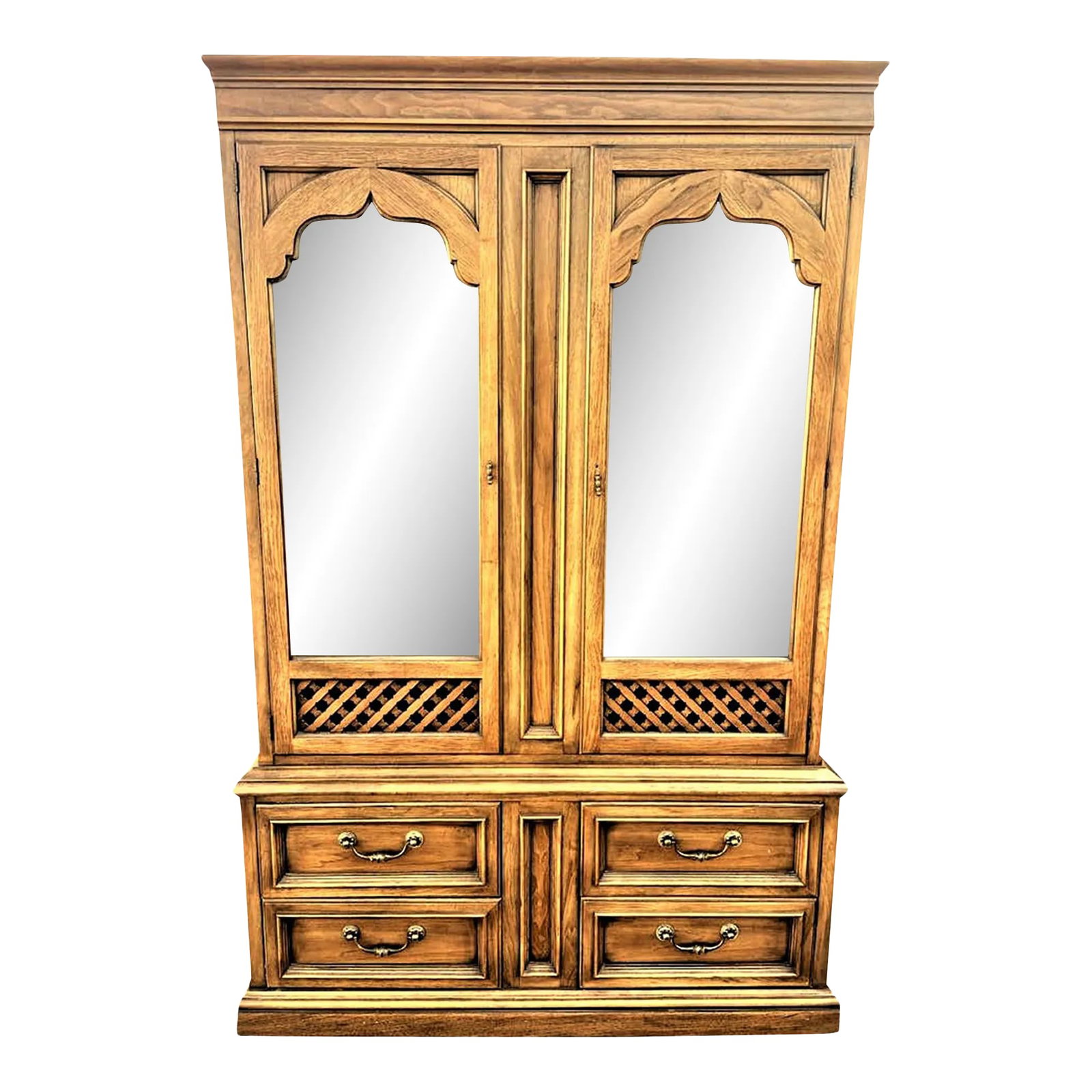 Jim Peed Drexel Moorish Spanish Revival Esperanto Collection Pecan Wood China Cabinet - Made in 1964: Expertly crafted in 1964 in North Carolina. Great in a Spanish Revival or Southwestern or Mediterranean setting -- matchless Drexel quality. Solid pecan wood china cabinet hutch in Drexel's charming