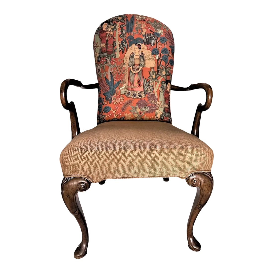 Vintage Schoonbeck/Henredon Armchair With 'Frida's Garden' Chintz and Apricot Kravet Upholstery: I reupholstered the backrest of this handsome Schoonbeck/Henredon collaboration with "Frida's Garden" fabric, coordinated with the original apricot colored Kravet luxury fabric that remains on the res