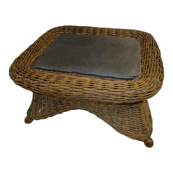 Natural Wicker Antique Footstool Heywood Brothers & Wakefield Co. W/Leather Seat (1 of 9)