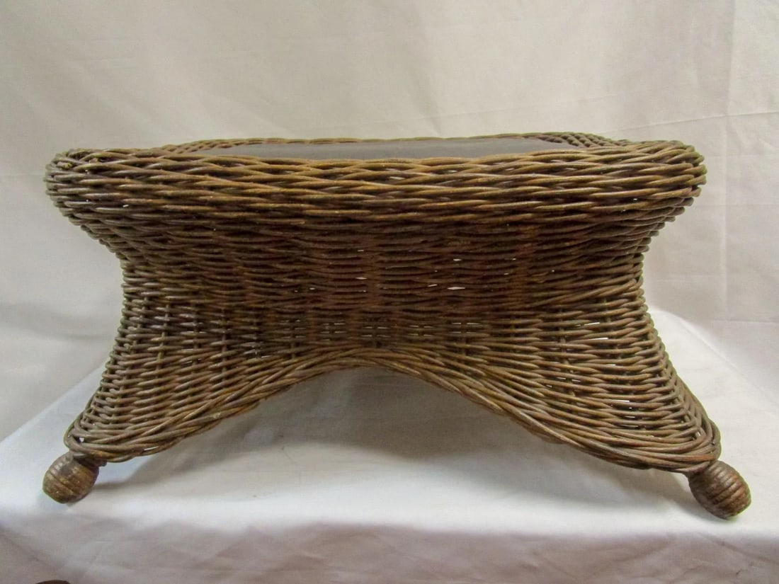 Natural Wicker Antique Footstool Heywood Brothers & Wakefield Co. W/Leather Seat - 2