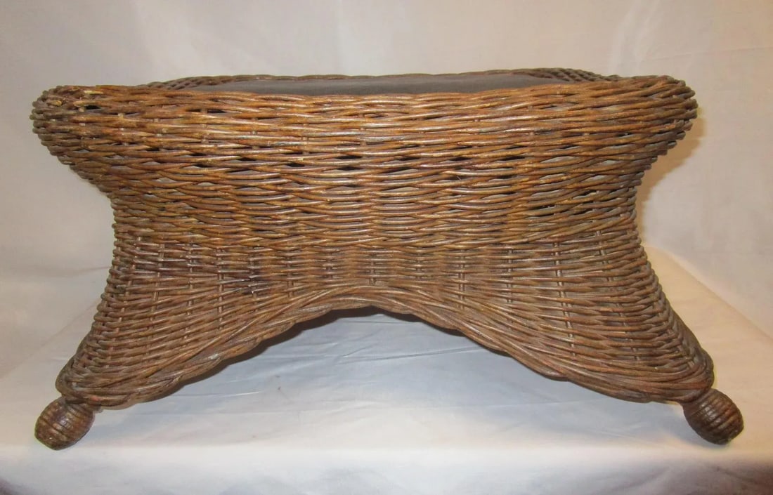 Natural Wicker Antique Footstool Heywood Brothers & Wakefield Co. W/Leather Seat - 3