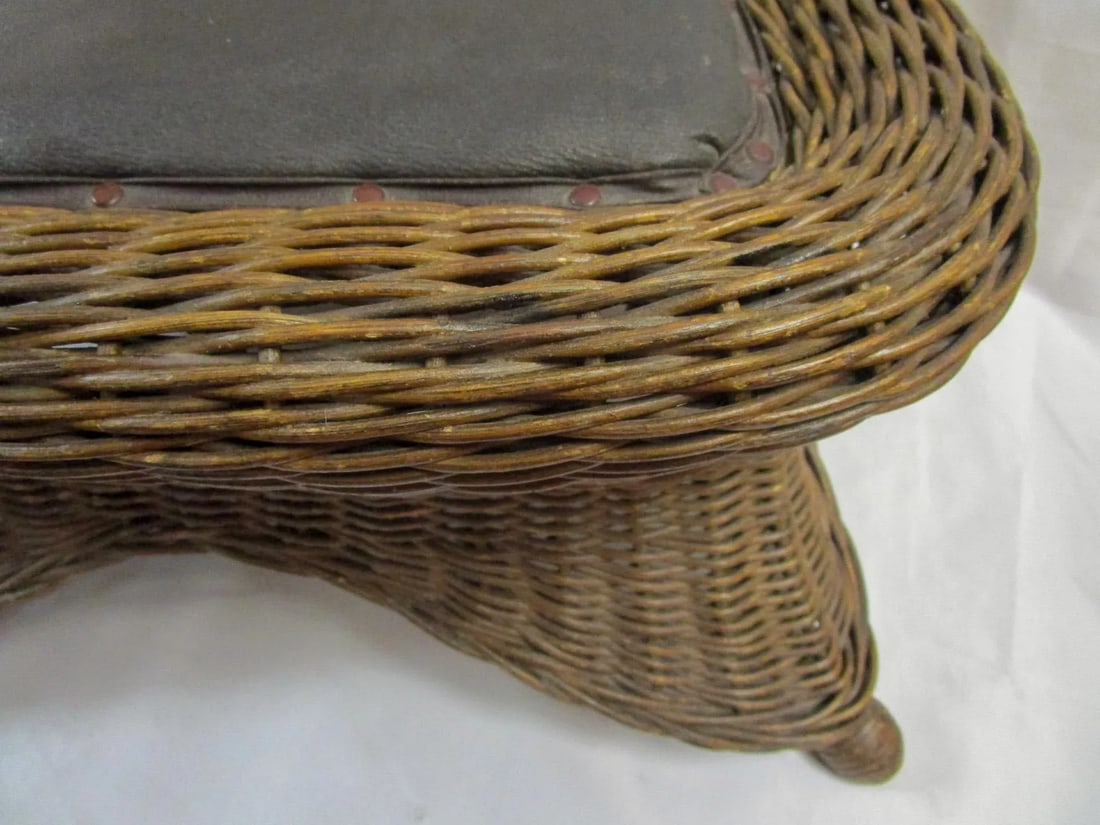 Natural Wicker Antique Footstool Heywood Brothers & Wakefield Co. W/Leather Seat - 4