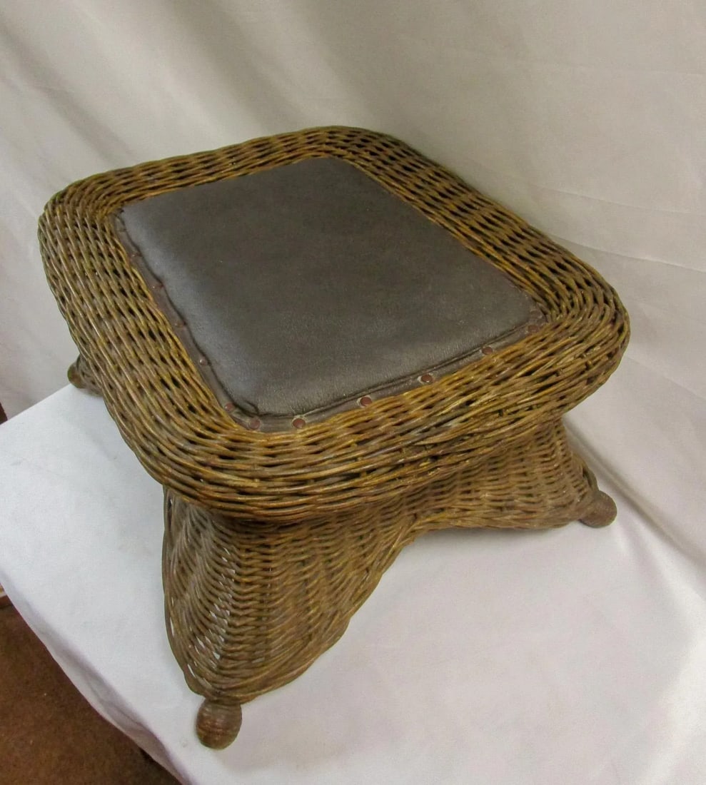 Natural Wicker Antique Footstool Heywood Brothers & Wakefield Co. W/Leather Seat - 5