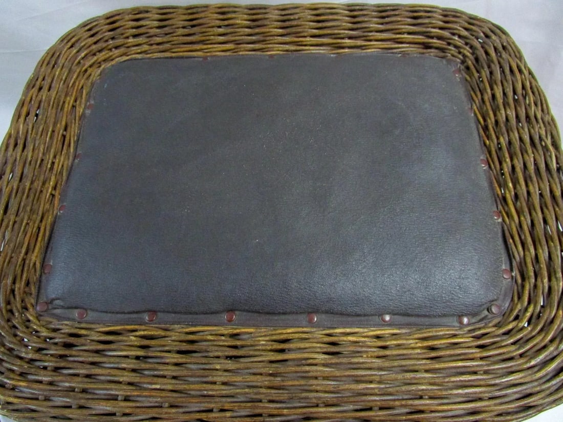 Natural Wicker Antique Footstool Heywood Brothers & Wakefield Co. W/Leather Seat - 6