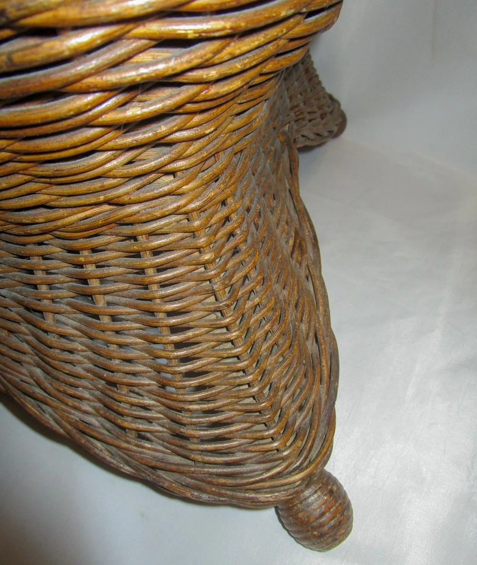 Natural Wicker Antique Footstool Heywood Brothers & Wakefield Co. W/Leather Seat - 7