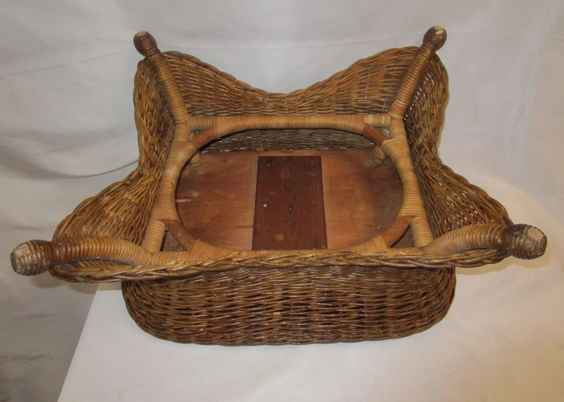 Natural Wicker Antique Footstool Heywood Brothers & Wakefield Co. W/Leather Seat - 8