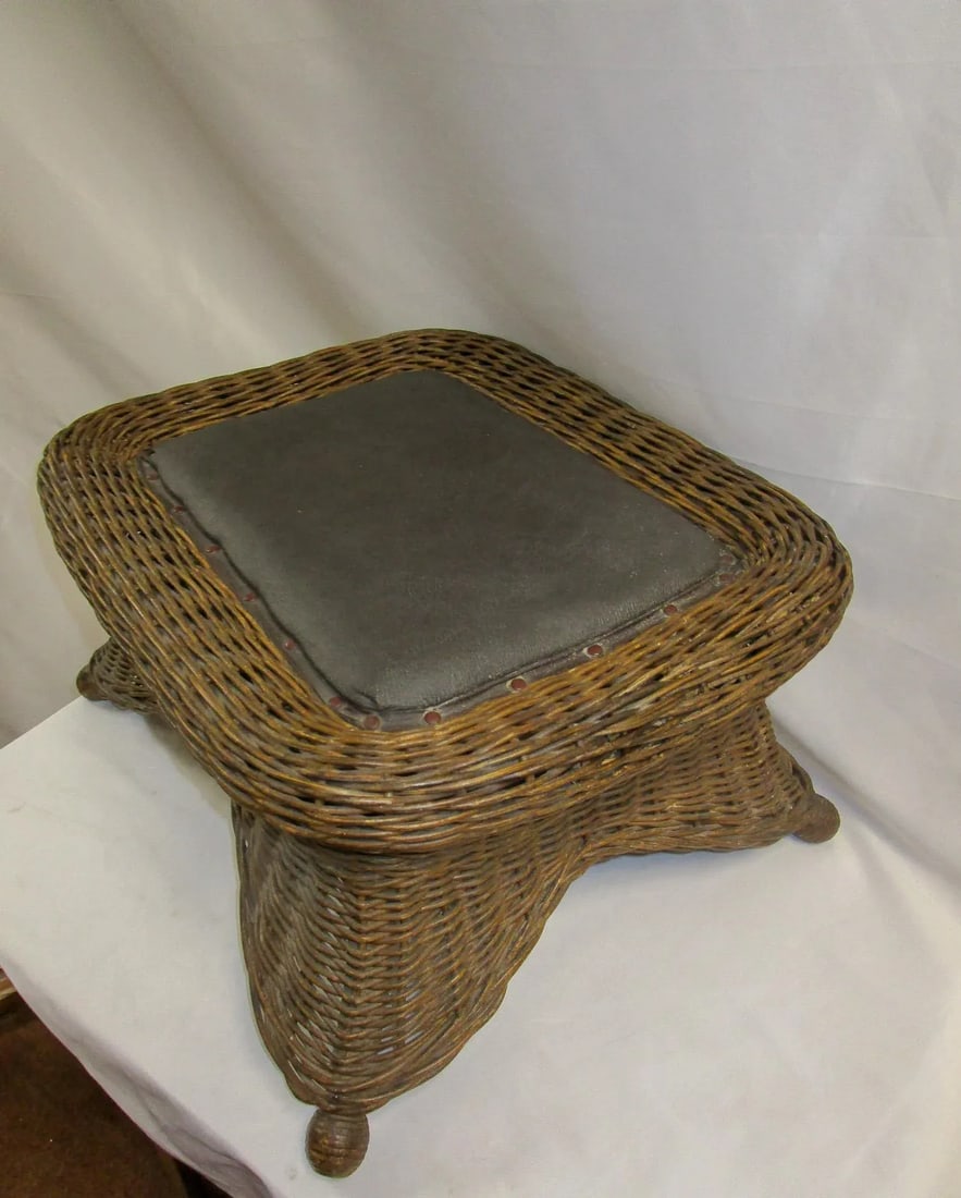 Natural Wicker Antique Footstool Heywood Brothers & Wakefield Co. W/Leather Seat - 9