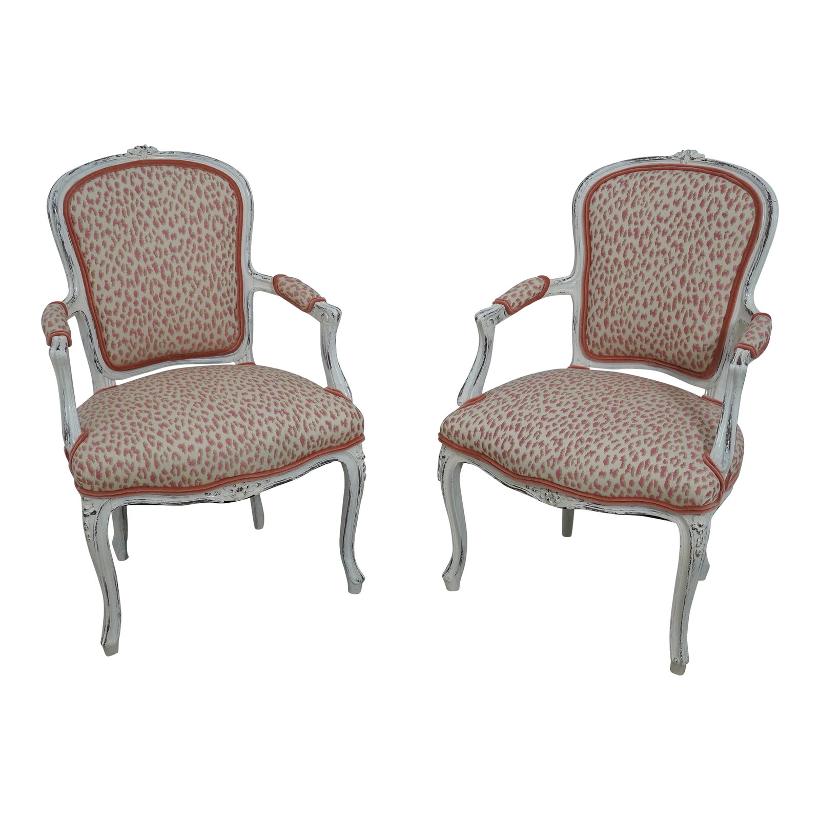 Pair Newly Upholstered French Louis XV Armchairs: Age: C.1920's frames, restored and professionally reupholstered Details: Custom White Distressed Finish Fine Carved Details High Quality Construction Professionally Reupholstered In Brand New High Qua