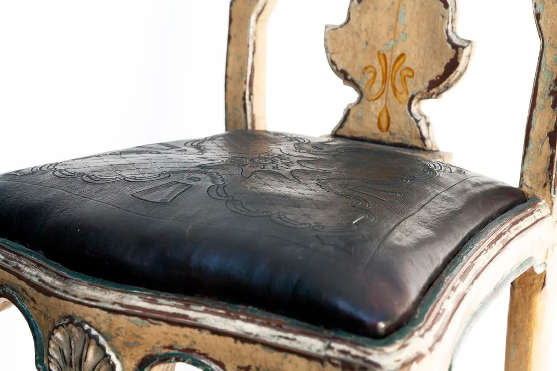 Pair of Antique European Ochre Chairs With Leather Seats - 12