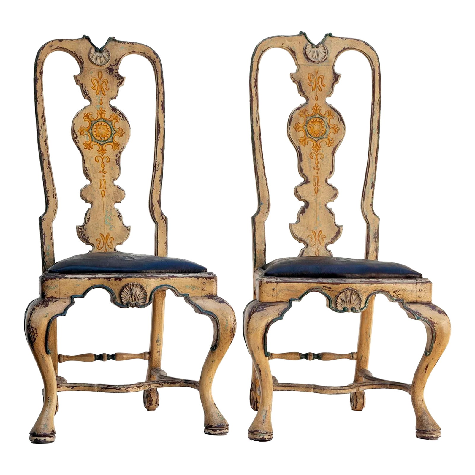 Pair of Antique European Ochre Chairs With Leather Seats (1 of 12)