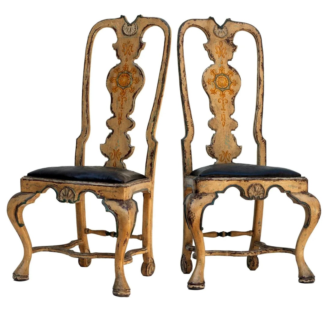 Pair of Antique European Ochre Chairs With Leather Seats - 2