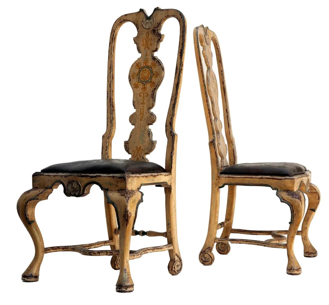 Pair of Antique European Ochre Chairs With Leather Seats - 3