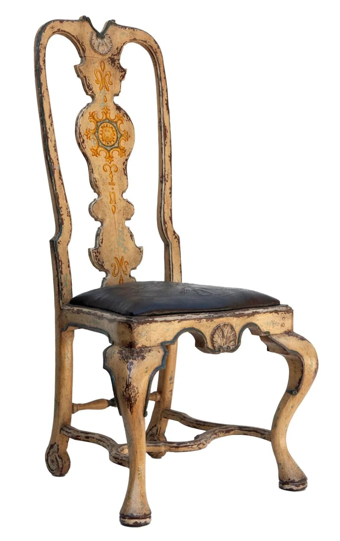 Pair of Antique European Ochre Chairs With Leather Seats - 4