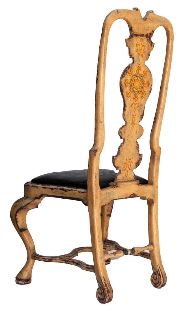 Pair of Antique European Ochre Chairs With Leather Seats - 5
