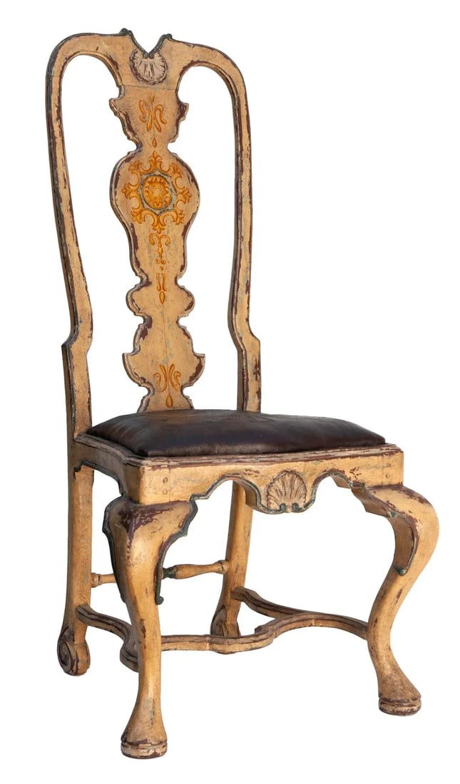 Pair of Antique European Ochre Chairs With Leather Seats - 6
