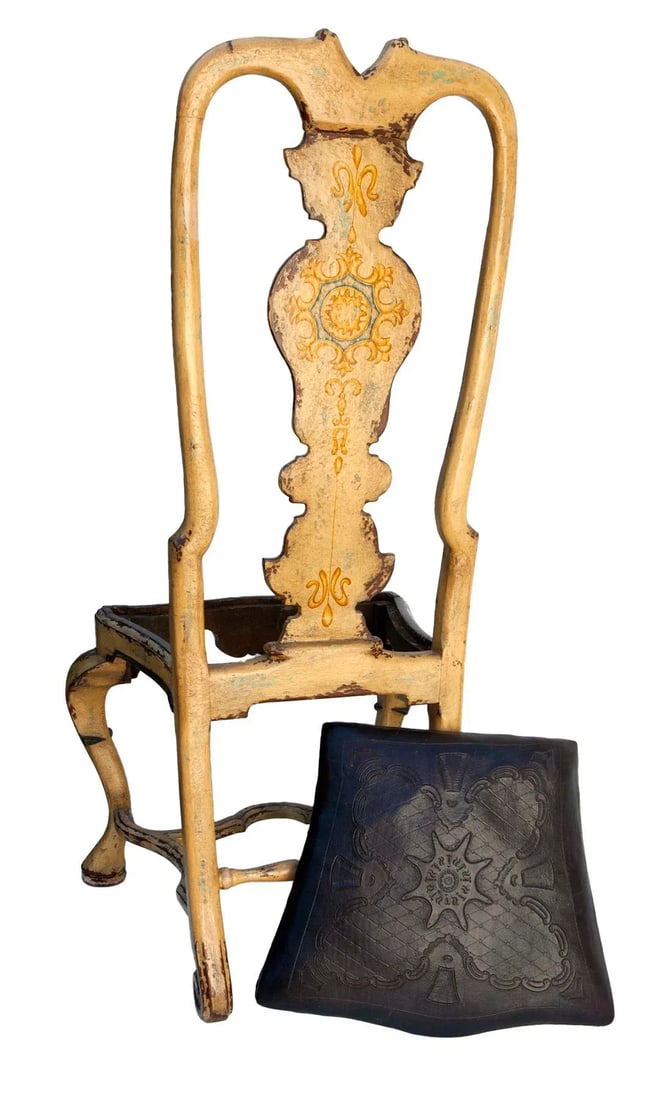 Pair of Antique European Ochre Chairs With Leather Seats - 7
