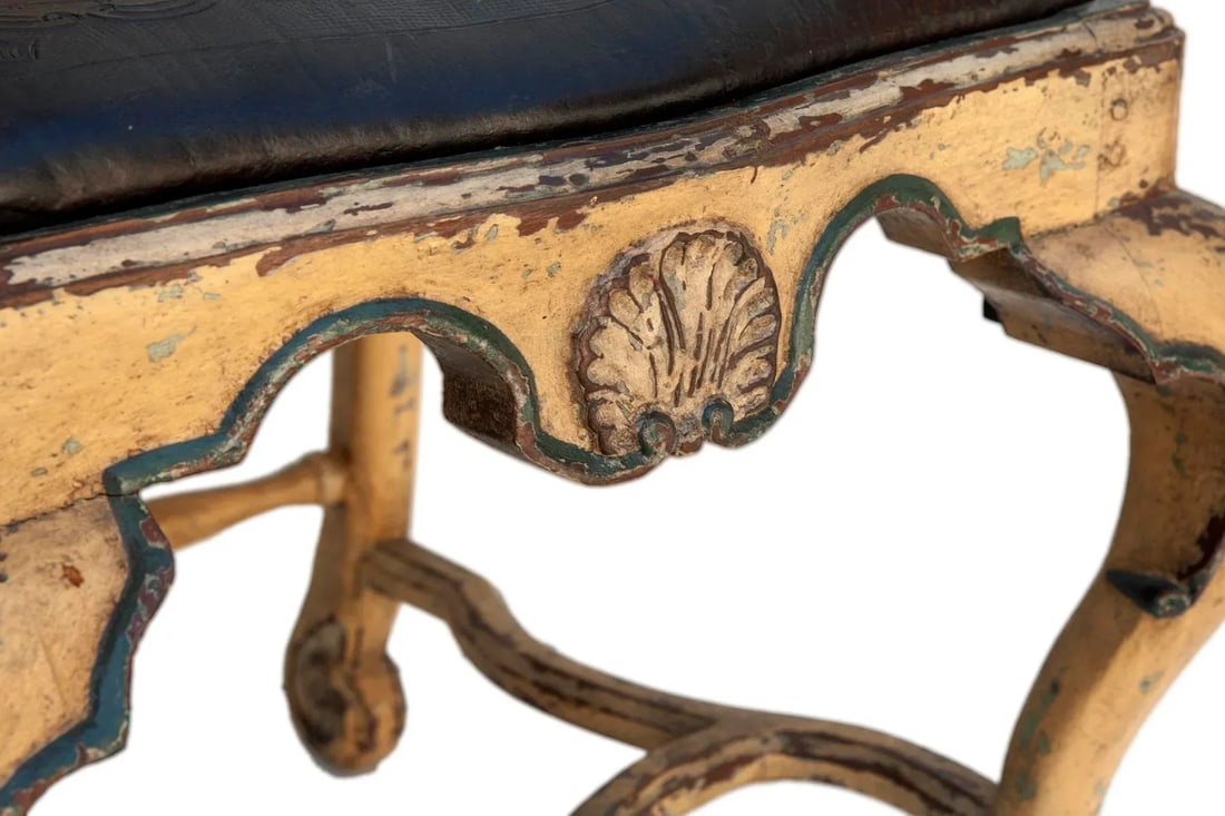 Pair of Antique European Ochre Chairs With Leather Seats - 9