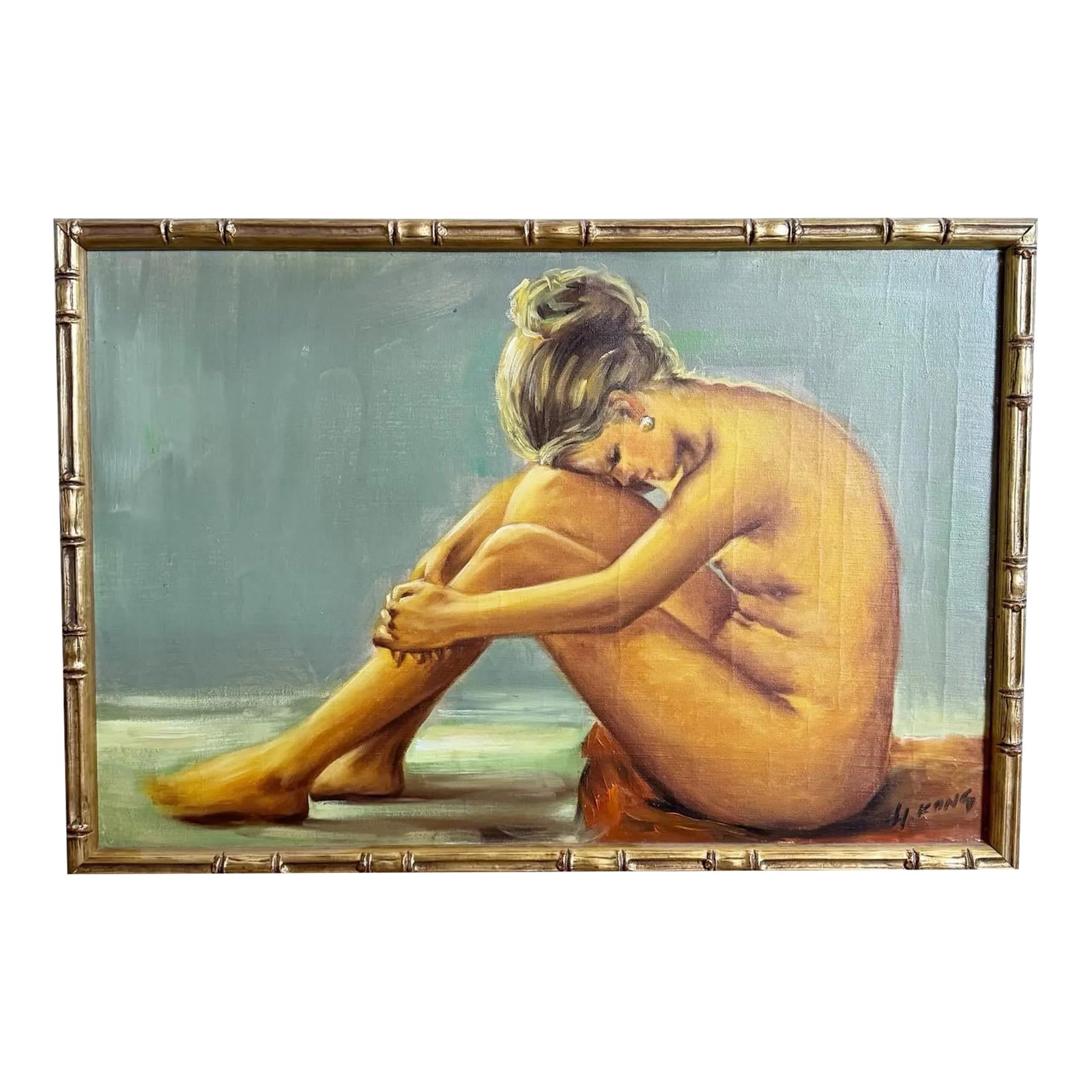 Vintage Singed and Framed Oil Painting of Nude Woman: Explore the depth of classic artistry with this vintage signed oil painting, capturing the serene elegance of a nude woman seated, her head resting gently on her knees. This evocative piece draws view